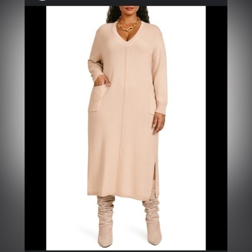 11 • Honore’ Nola cashmere V neck long sleeve double pocket sweater long dress